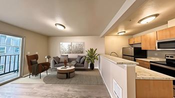 A modern living room with a kitchen area in the background.